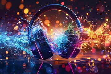 Dynamic Stereo Headphones Exploding in Festive Colorful Splash, Vibrant Light Effects on Loud Music Sound Waves, Party Time Abstract Photo - obrazy, fototapety, plakaty