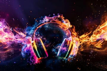 Dynamic Stereo Headphones Exploding in Festive Colorful Splash, Vibrant Light Effects on Loud Music...