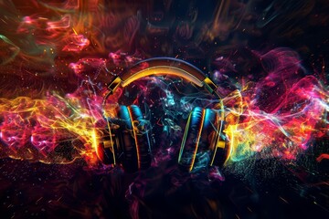 Dynamic Stereo Headphones Exploding in Festive Colorful Splash, Vibrant Light Effects on Loud Music Sound Waves, Party Time Abstract Photo