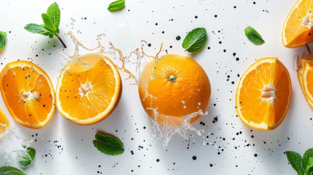 Fresh and juicy orange slices with mint leaves on white background. Bright orange slices and green mint leaves beautifully displayed on a white surface, creating a refreshing and eye-catching image.