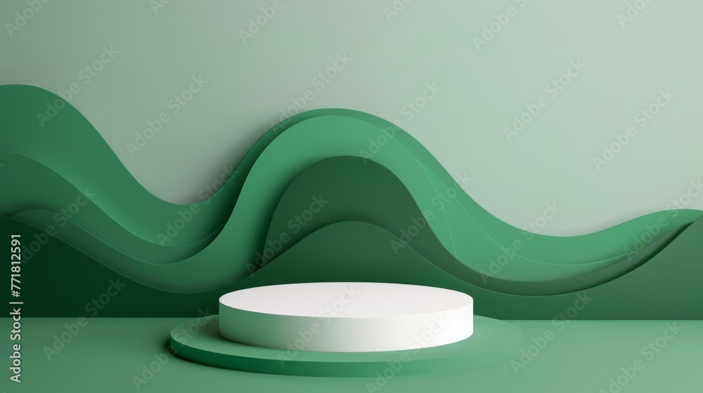 Aufkleber Object illustration of a white cylinder podium on a green geometric shapes background. 3D Paper cut abstract minimal geometric shape template.