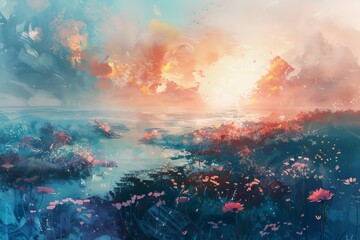 Dreamy fantasy landscape painting with tender colors and surreal elements, digital concept art