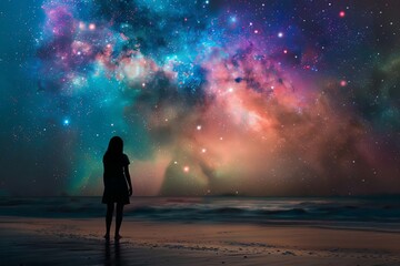 Dreamy Colorful Sky and Galaxy with Silhouette of Woman on Beach, Astronomy Illustration - obrazy, fototapety, plakaty
