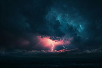 Dramatic lightning bolt striking in dark stormy sky, electrifying landscape, digital art - obrazy, fototapety, plakaty