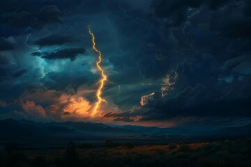 Dramatic lightning bolt striking in dark stormy sky, electrifying landscape, digital art - Powered by Adobe