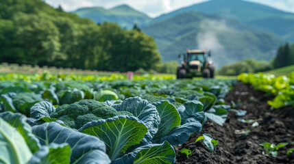 Close-up of cabbage in a farmer's bed with a tractor harvesting the crop on the horizon.