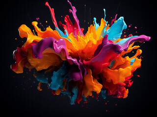 Dynamic swirls of vivid colors adorn the dark backdrop, creating an entrancing 3D design. - obrazy, fototapety, plakaty