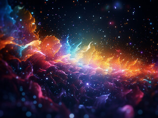 Bokeh effect adds allure to a 3D abstract background with glowing particles.