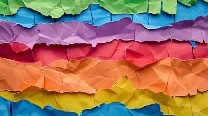 A multicolored torn piece of paper is used as a design element.