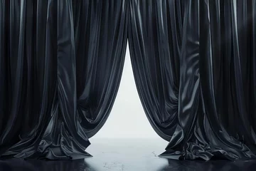 Fotobehang Dramatic black fabric curtains flying for a grand opening ceremony, 3D render © Lucija