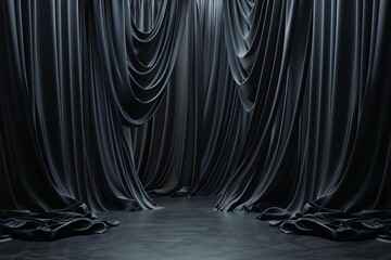Dramatic black fabric curtains flying for a grand opening ceremony, 3D render