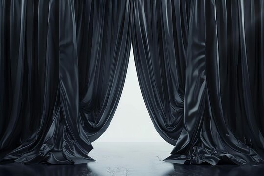 Dramatic black fabric curtains flying for a grand opening ceremony, 3D render