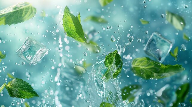 Sparkling water concept with ice cubes and mint leaves tumbling through space, capturing a feeling of purity and vitality, ideal for a spa or wellness product