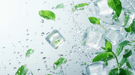 Crystal clear ice cubes and fresh mint leaves with a splash of water droplets against a white background, perfect for a refreshing drink advertisement