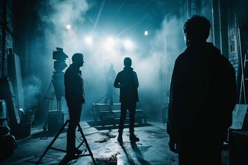 Dramatic Behind-the-Scenes Shot of Film Director Guiding Actors on Movie Set - Cinematic Concept Photography