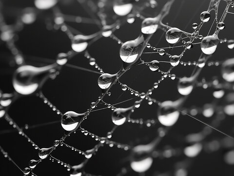 Abstract monochrome image displays spider web with morning dew.