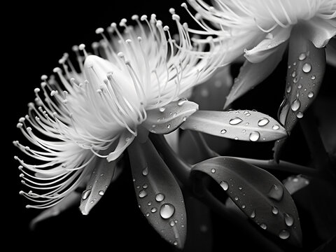 Delicate pohutukawa flower petals showcased in black and white.