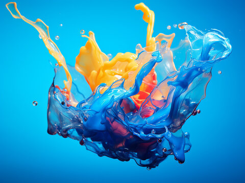 Colorful liquid art with blue sky and background.