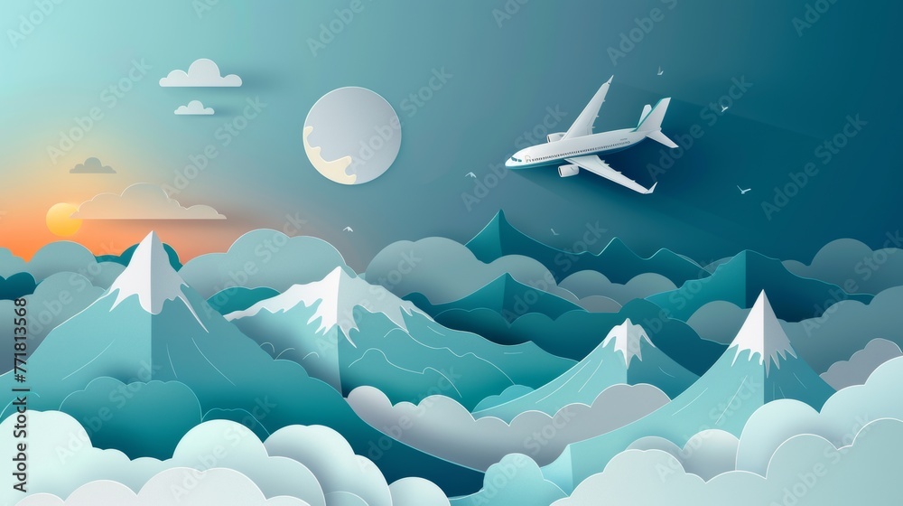 Aufkleber illustration of nature landscape with plane flying on sky with cloud and mountain. design made in th
