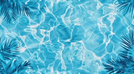 Abstract water texture in various shades of blue, mimicking the gentle caress of sunlight on a pool's surface, complemented by subtle silhouettes of tropical foliage.