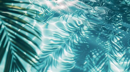 Fototapeta na wymiar Summer day at a tranquil pool, capturing the ripple of clear turquoise water with soft shadows of palm leaves dancing on the surface