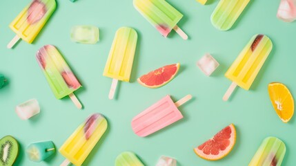 Colorful popsicles scattered on a pastel pink background with sprinkles, perfect for summer themes, food blogging, and vibrant product marketing.