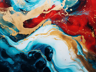 Fluid art in alcohol ink: blue, red, and gold paints merge.