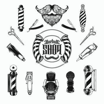 Set of vintage monochrome element barbershop. Vector logo design concept. Black and white color