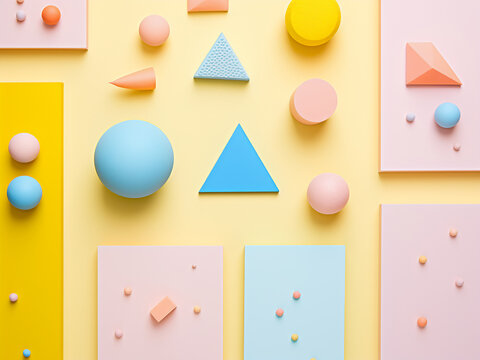 Pastel flat lay background in yellow, pink, and blue.
