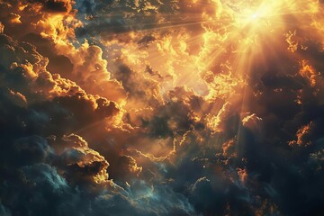 Divine light shining through clouds, spiritual concept of heaven and earth creation - Surreal...
