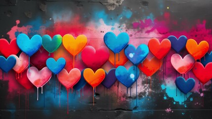 Colorful hearts as graffiti love symbol on wall.Colorful heart as graffiti love symbol on the wall,...