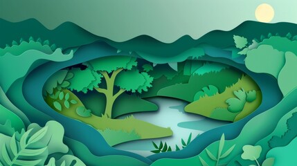 Nature landscape and eco-friendly concept. Paper carved art style design concept for environment conservation. Modern illustration.