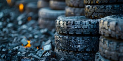 Utilizing Biomass-Derived Carbon Black in Refinery: Creating High-Value Materials for Tires and Printing Inks. Concept Carbon Black, Biomass Utilization, Refinery Applications, Tire Manufacturing - obrazy, fototapety, plakaty