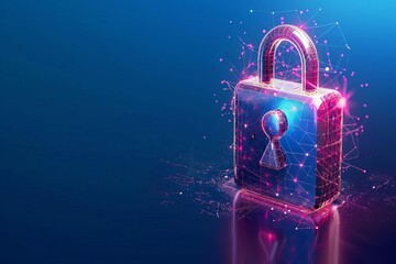 Digital padlock on blue background, cyber security technology concept for data privacy and fraud prevention, 3D illustration - obrazy, fototapety, plakaty