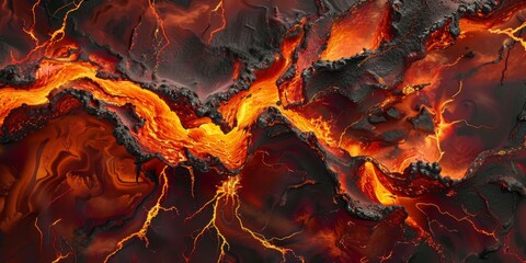 Dramatic painting showcasing a lava flow in black and orange hues. Powerful and immersive volcanic landscape.