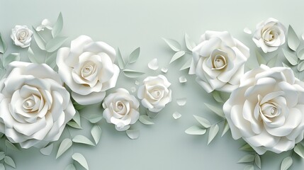 A paper flower. White roses cut from paper. A bridal bouquet, isolated design elements. A greeting card template, plain floral wall decor. Background.