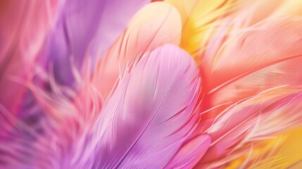 Soft bird feathers in pink, purple, and yellow hues close-up. Delicate plumage in a pastel color blend.