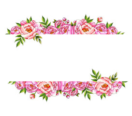 Watercolor illustration frame borders top bottom of pink peonies with buds and leaves. Botanical template, blank for text, isolated from background. Great pattern for kitchen, home decor, stationery