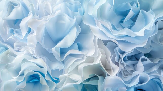 Close-up of ruffled fabric texture in shades of blue and white. Elegant ruffled textile in blue and white creating a gentle wave pattern.