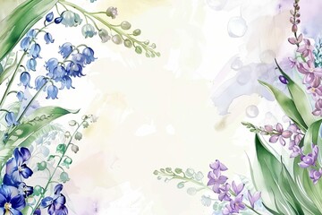 Delicate spring flowers in a watercolor frame, featuring lily of the valley and violets, illustration