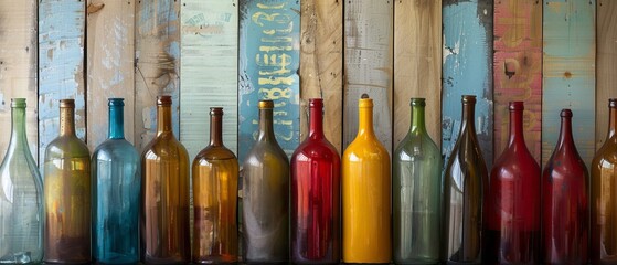 Glass wine bottles against a wooden background