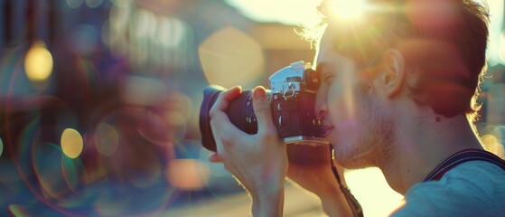 The young man is taking a photograph with a professional digital camera, focusing on the hands and lenses