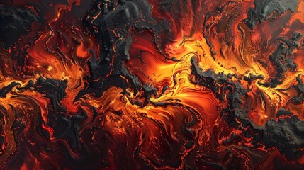 Dynamic painting capturing a lava flow with vivid black and orange tones, creating a powerful and...