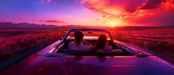 Foto op Canvas During the summer sunset, a couple drives a convertible car © Zaleman