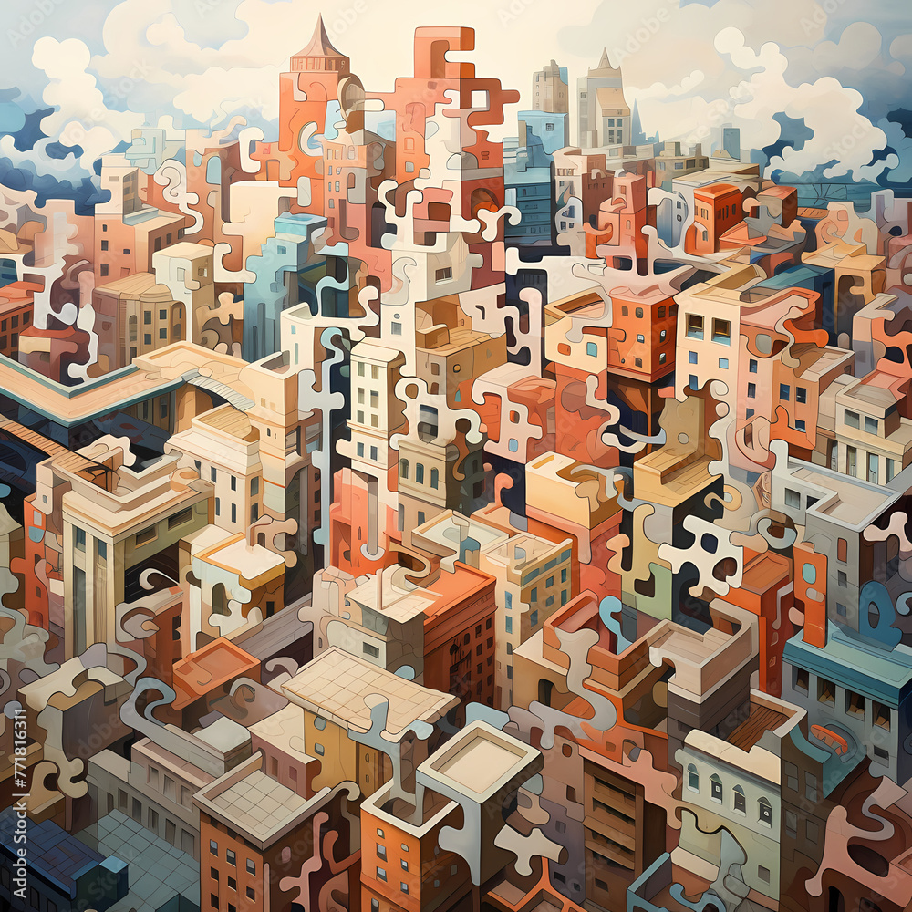 Wall mural A cityscape where buildings are shaped like giant puzzles