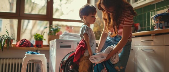 A superhero boy and his mother do laundry in the living room together. - obrazy, fototapety, plakaty