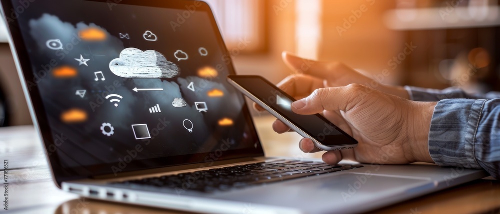Poster the cloud computing and social networks interface on a laptop, tablet, and smartphone