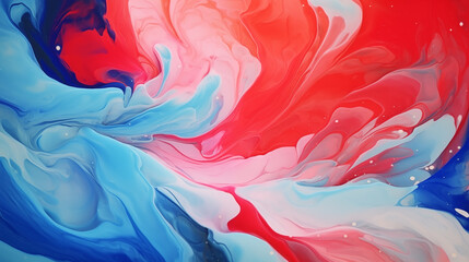 mix of red white blue color paints with blended drops on fluid while forming abstract patterns against blue background.