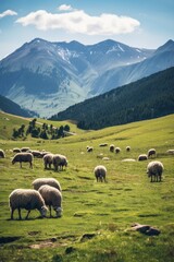 Fototapeta na wymiar Sheep graze on a pasture against the backdrop of mountains Generative AI