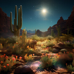 A desert landscape with cactus plants that produce water - obrazy, fototapety, plakaty